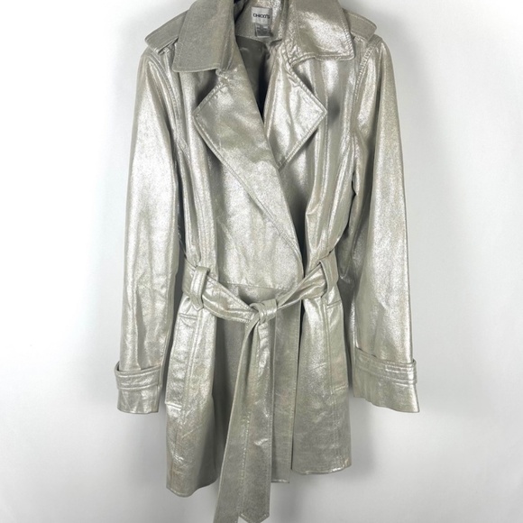 Vintage 2000’s ‘Chico’s’ Suede Belted Leather Jacket Trench Coat in Silver - L - Picture 4 of 9